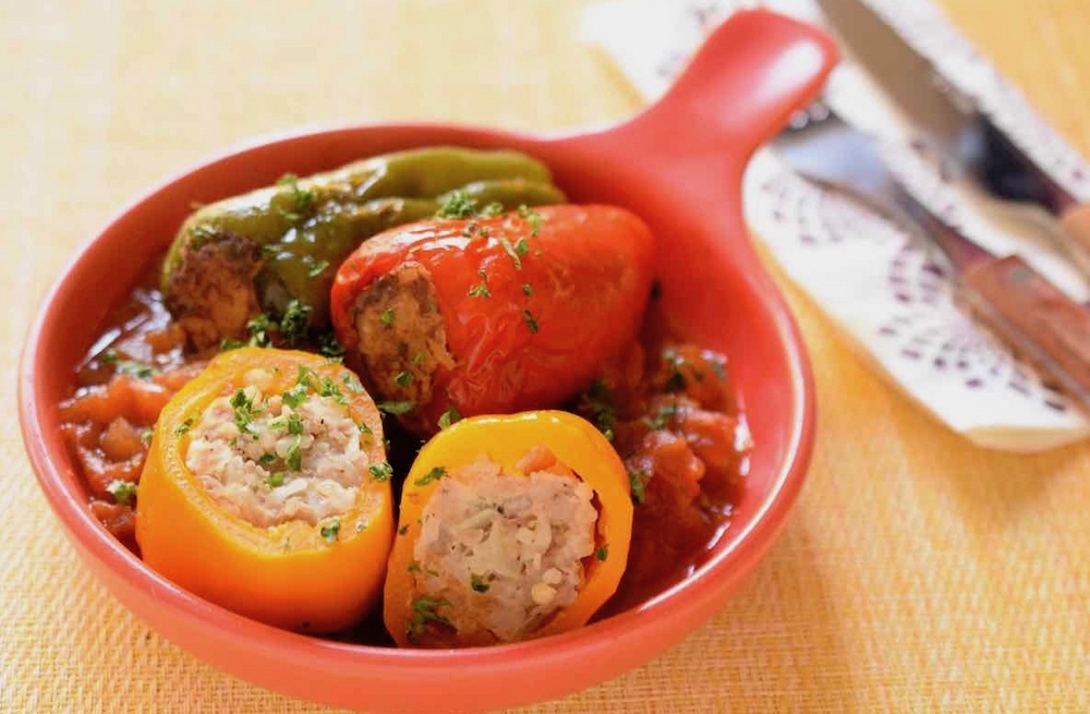 Meat and Rice Stuffed Whole Colorful Bell Peppers