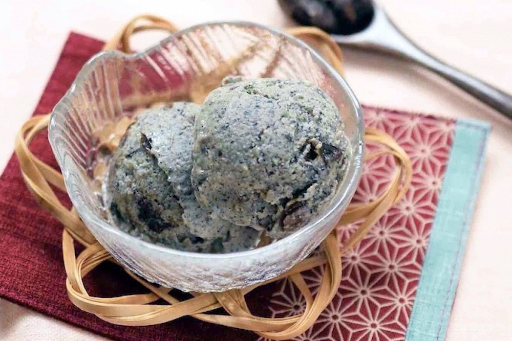 Black sesame and black bean ice cream made with concentrated amazake